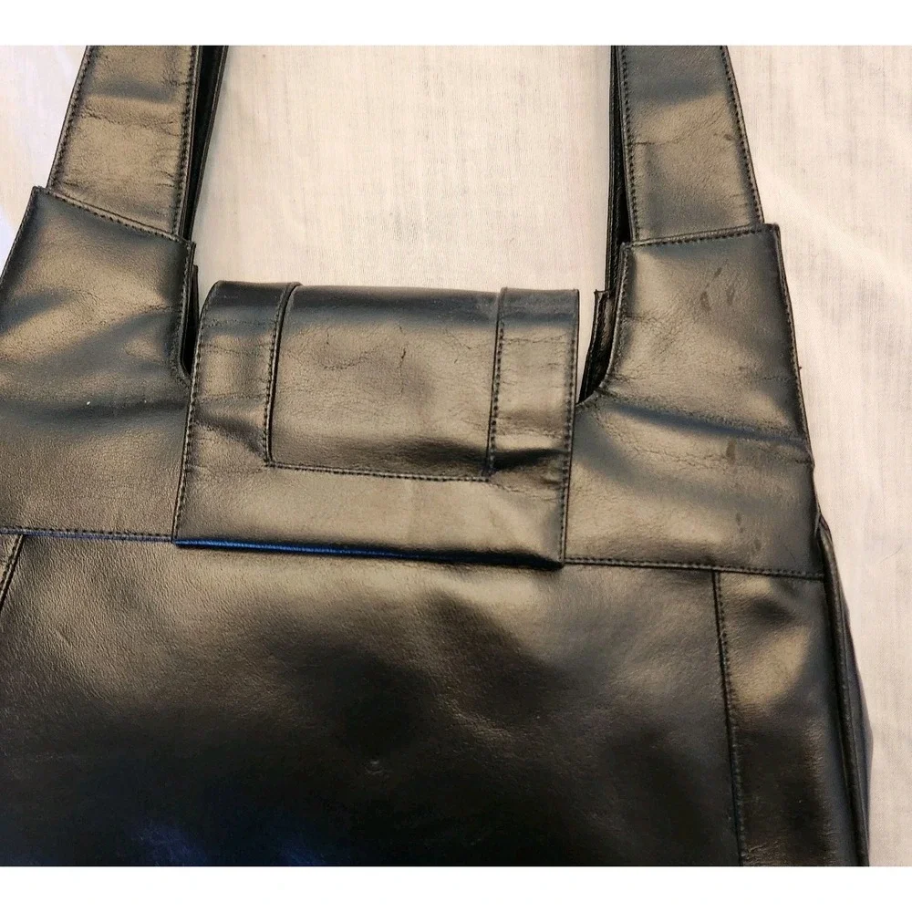 Vintage Lou Taylor Black Leather Shoulder Bag 1970s Designer Purse,Signed Mirror